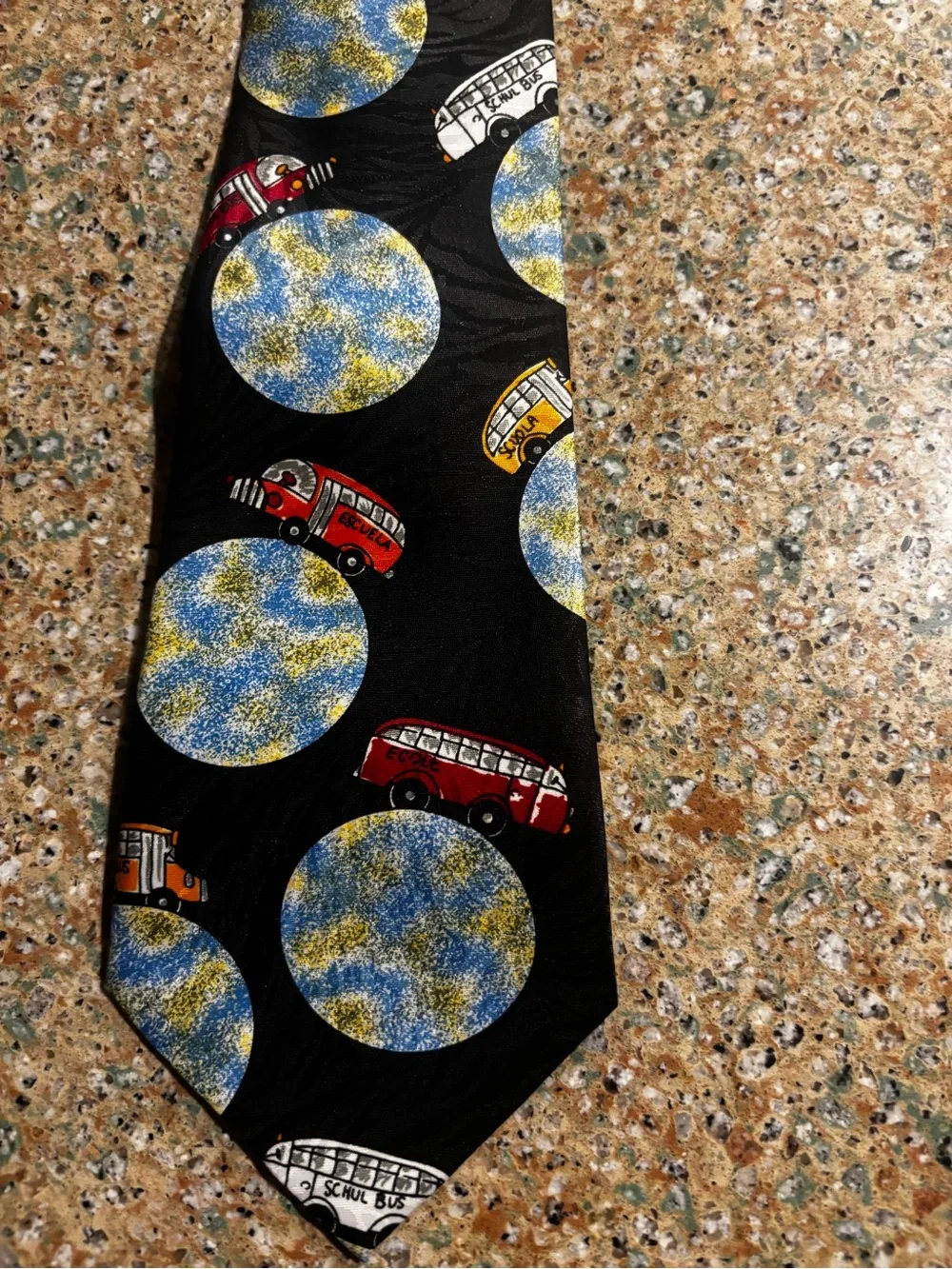 VTG novelty teacher necktie playful school bus and planetary print